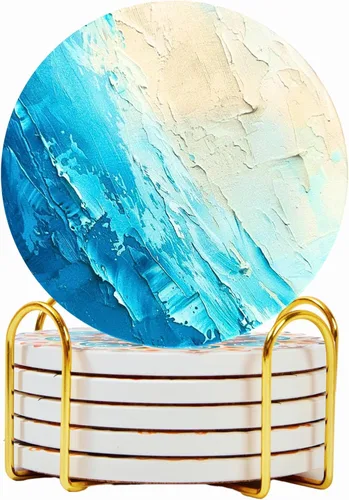 Miniatura 22 de Juego de 6 posavasos absorbentes de cerámica con soporte, posavasos de mármol para mesa de café, posavasos absorbentes de agua (porcelana)