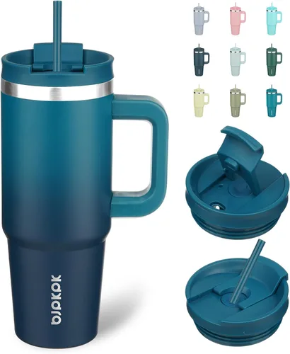 Miniatura 30 de BJPKPK - Vasos con aislamiento térmico, con asa y pajilla, vasos térmicos de acero inoxidable de 40 onzas con tapa, color rosado claro Rosa claro