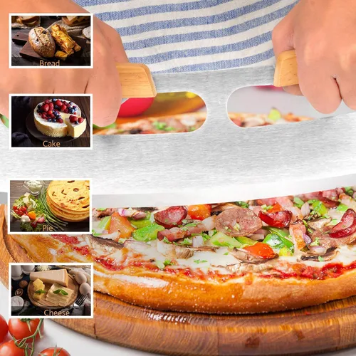 Miniatura 5 de Cortador de pizza, cortador de pizza, cuchillo de pizza de 14 pulgadas con asas de madera y cubierta de plástico, accesorios para pizza, cuchillo