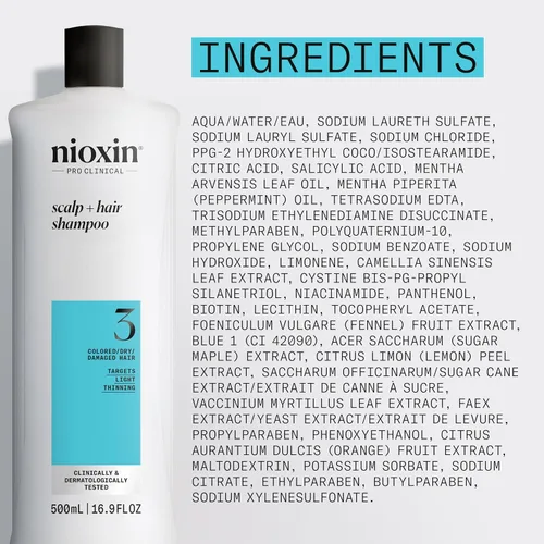 Miniatura 7 de Nioxin System 3 - Champú para el cuero cabelludo + engrosamiento del cabello, para cabello teñido, seco y dañado con ligero adelgazamiento, mantiene