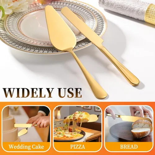 Miniatura 4 de Juego de cortar pasteles para bodas, servidor de tartas, cuchillo y servidor de acero inoxidable, cortador de pastel dorado para cumpleaños, fiestas