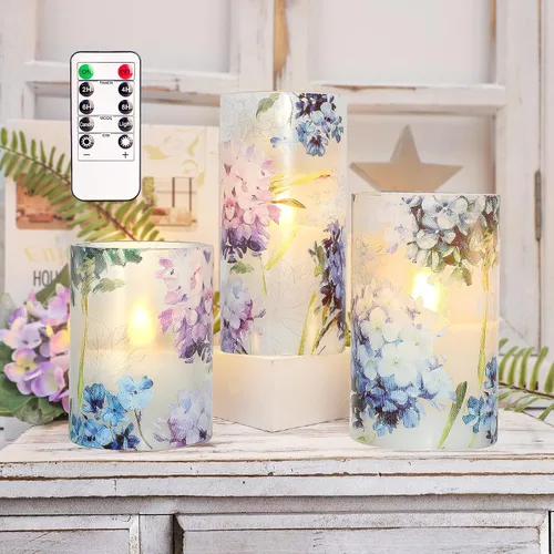 Miniatura 2 de Velas sin llama de hortensias azules, velas LED decorativas parpadeantes con temporizador remoto, velas de cera real que funcionan