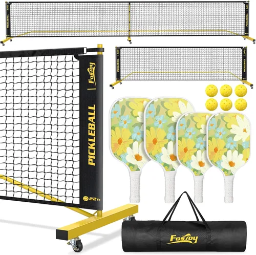 Pickleball Net Set with 4 Fiberglass Paddles, Portable Pickleball Set with 4 Fiberglass Paddles, 6 Balls & Carry Bag, Easy Setup for Driveway,