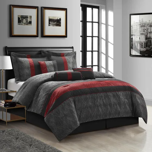 Miniatura 2 de Grand Avenue Juego de edredón rojo y negro tamaño Full, técnica jacquard y flocado, diseño moderno juegos de ropa de cama a rayas para todas