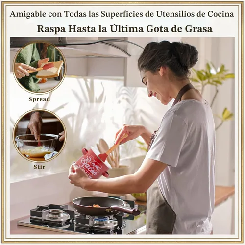 Miniatura 5 de Ayerphalo Recipiente para grasa de tocino con colador, gran capacidad de 46 onzas, con espátula de madera y silicona, recipiente esmaltado para Rojo