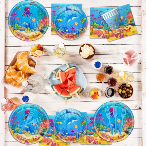 Miniatura 7 de 120 piezas Decoraciones de fiesta bajo el mar, juego de platos y servilletas para cumpleaños en tema de océano, juego de vajilla temática