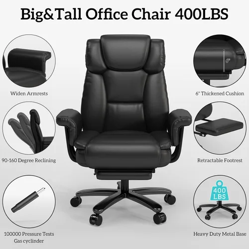 Miniatura 7 de GYI Silla de oficina reclinable 160 con reposapiés, silla de escritorio grande y alta, color negro Asiento con patas cruzadas, respaldo alto, piel