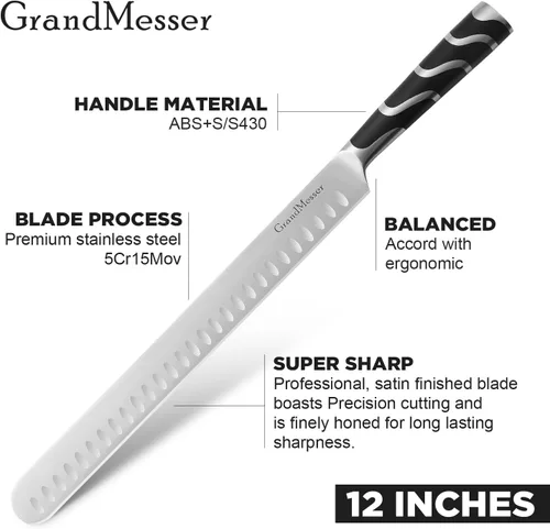 Miniatura 2 de Cuchillo de trinchar, cuchillo de rebanar de 12 pulgadas para carne, acero alemán de primera calidad con mango ABS, para barbacoa, pechuga de pavo