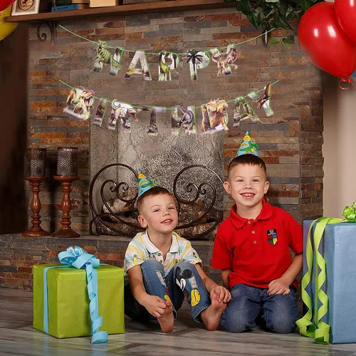 Miniatura 3 de Cartel de feliz cumpleaños de dinosaurio para niños, decoración de fiesta de cumpleaños con temática de dinosaurios, guirnalda de dinasores