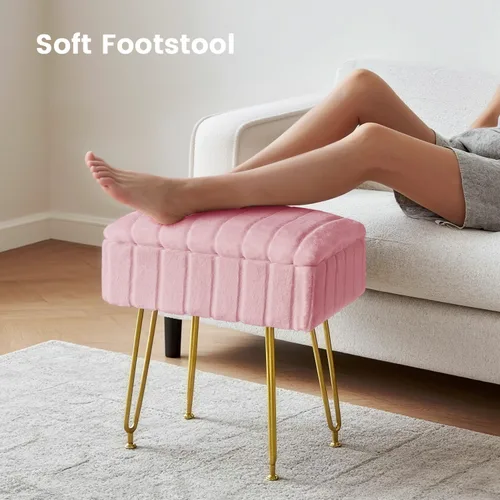 Miniatura 6 de FUXA Taburete de tocador con almacenamiento, silla de maquillaje de piel sintética con 4 patas de metal y pies antideslizantes, asiento acolchado