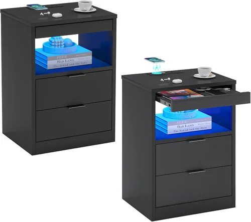 Miniatura 13 de ADORNEVE Mesita de noche LED negra con estación de carga inalámbrica, 2 cajones, moderna mesa auxiliar de dormitorio con luces LED, mesa de noche