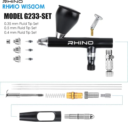 Miniatura 4 de Rhinowisdom Kit de aerógrafo - Juego de pistola de aerógrafo Alimentación por gravedad de doble acción con juegos de agujas de 0.35, 0.4 y 0.020 in
