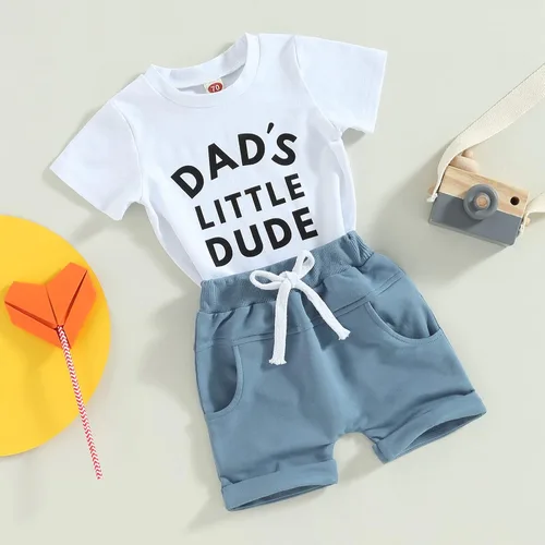 Miniatura 58 de Conjunto de traje de verano para bebé niño pequeño, manga corta, cuello redondo, letras impresas, lindo traje de verano, conjunto de 2 piezas