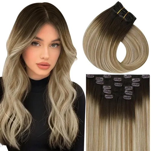 Miniatura 30 de Vivien Extensiones de cabello humano con clip, color negro azabache, extensiones de cabello humano real con pinzas invisibles, doble trama, 14