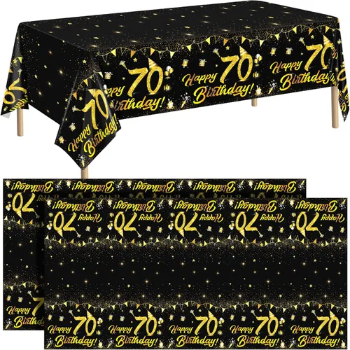 Miniatura 10 de durony Paquete de 2 manteles de cumpleaños, de plástico, color negro y dorado, impermeable, rectangular, para fiestas en interiores o exteriores