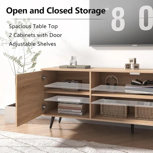 Miniatura 6 de Soporte de TV moderno de mediados de siglo, 70 pulgadas para TV de 75 pulgadas, madera con almacenamiento, centro de entretenimiento para sala