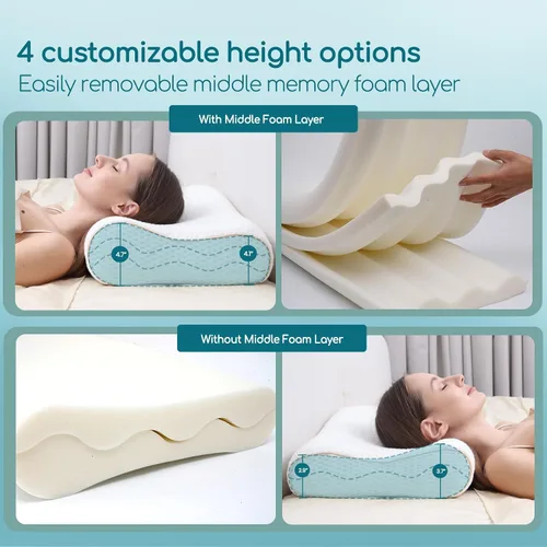 Miniatura 4 de Almohada ergonómica de espuma viscoelástica para el cuello, tela refrescante, almohada sándwich ajustable para aliviar el dolor de cuello