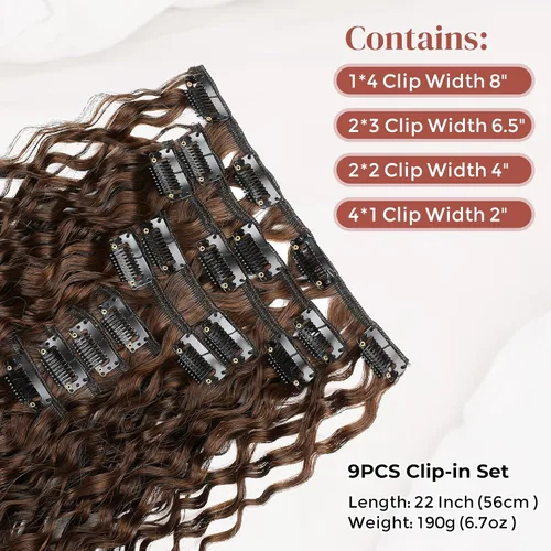 Miniatura 2 de LONAI Extensión de Cabello, 9 piezas, 56 cm de largo, castaño, extensiones de cabello rizadas con pinza, LN002, extensiones de cabello sintético