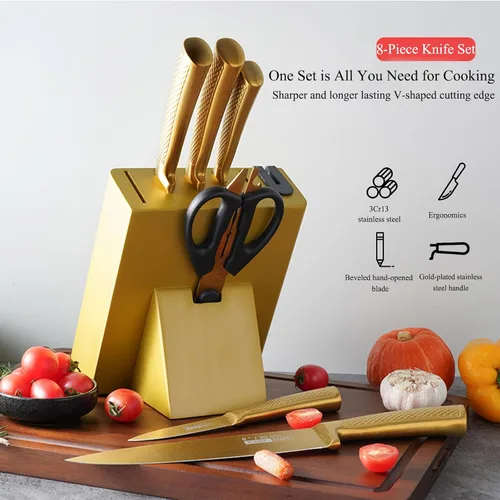 Miniatura 6 de Juego de cuchillos de cocina dorados de lujo con bloque de madera, 8 cuchillos de chef con revestimiento de titanio, aptos para lavavajillas