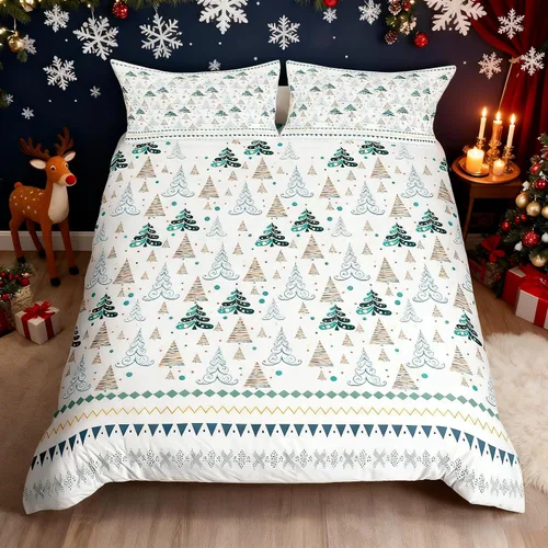 Miniatura 56 de Juego de funda de edredón para niños con diseño de Navidad, tamaño individual, camiones rojos y árboles de pino con copos de nieve, decoración