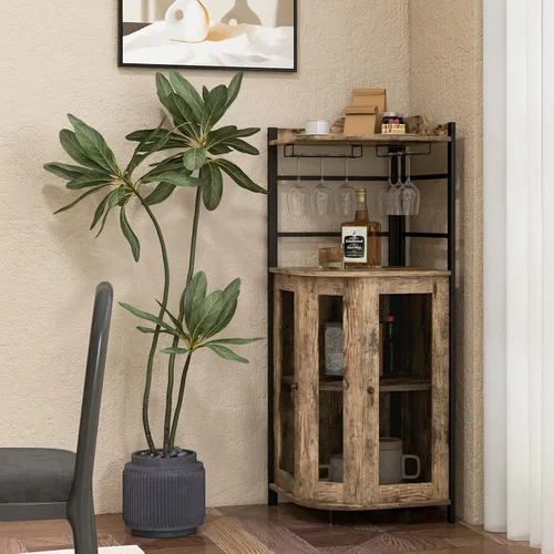 Miniatura 2 de LOKO Armario esquinero para bar de vinos, gabinete industrial para vinos con puertas de malla metálica y estante ajustable, gabinete de licor