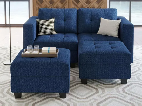 Miniatura 4 de Belffin Sofá modular modular con otomana de almacenamiento, sofá moderno en forma de L de tela con diván para espacios pequeños, azul