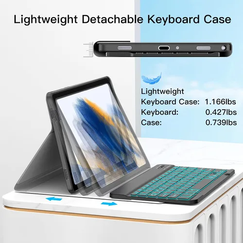 Miniatura 7 de JUQITECH Funda con teclado retroiluminado para Samsung Galaxy Tab A8 10.5 2022, funda suave inteligente con teclado inalámbrico desmontable