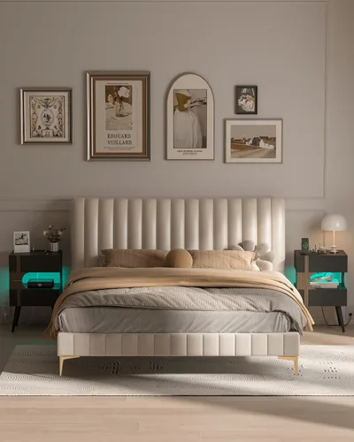 Miniatura 7 de JOONEE Mesita de noche negra con estación de carga y luces LED, moderna mesita de noche con 2 cajones de almacenamiento, mesita de noche con patas