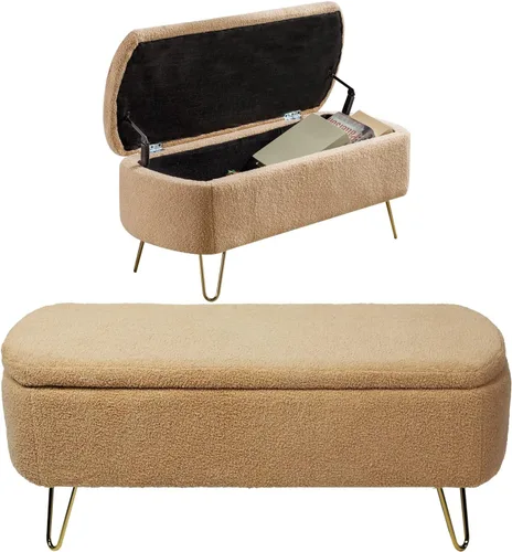 Miniatura 10 de mikibama Banco otomano de piel sintética de 38.9 pulgadas con diseño de sherpa, para ventana, banco de entrada, otomanos con patas de metal dorado