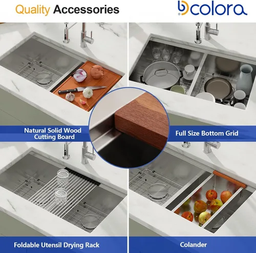 Miniatura 4 de Dcolora DC-U-1111 - Fregadero de cocina de 33 pulgadas con doble tazón, estación de trabajo de acero inoxidable 50/50 dividida baja dividida calibre