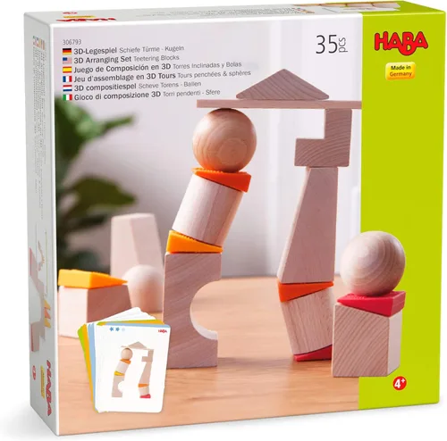 HABA Juego de bloques de madera con tarjetas de patrón, juego de bloques de madera para edades de 4 a 8 años para habilidades motoras finas, hecho