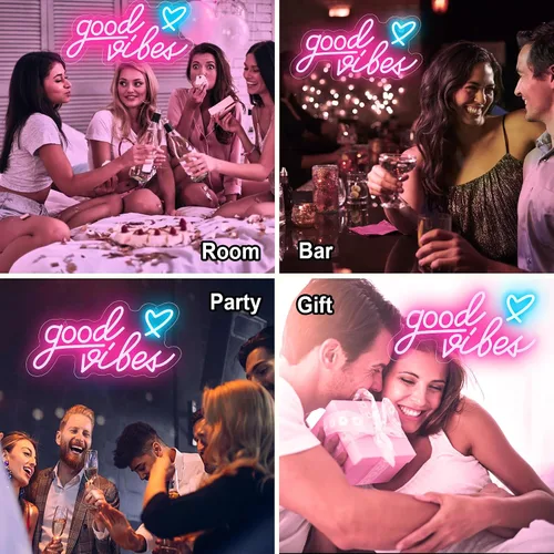 Miniatura 4 de Good Vibes - Letrero de neón rosa con corazón, luces LED rosas de 15.7 x 8 pulgadas, funciona con USB, letrero LED Good Vibes para dormitorio