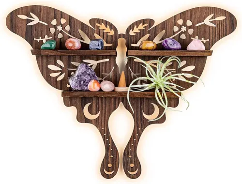 Miniatura 9 de Estante de pared de cristal ANROYE para piedra, arte de soporte de cristal pagano vintage con luz, almacenamiento de gemas de madera wiccana