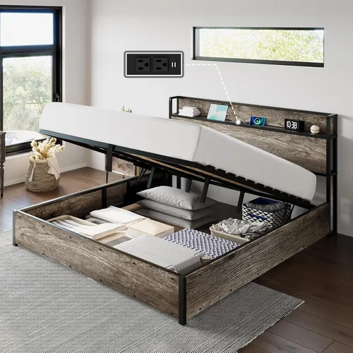 Miniatura 10 de AMERLIFE Marco de Cama de Almacenamiento Elevable Tamaño Completo, Marco de Cama de Plataforma de Madera con Almacenamiento Elevable y Estación