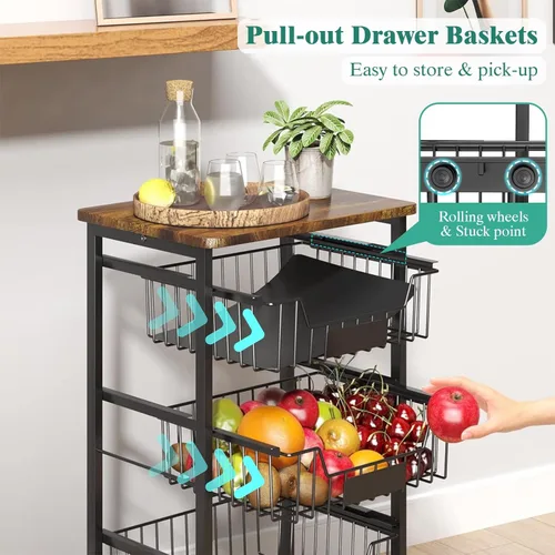 Miniatura 4 de CHLORYARD Cesta de frutas y verduras de 4 niveles, carrito rodante con ruedas con cestas extraíbles y parte superior de madera para cocina, comedor