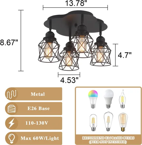 Miniatura 6 de Luminarias de techo para cocina de 4 luces con montaje al techo, lámpara de techo empotrada negra ajustable multidireccional, lámpara de jaula