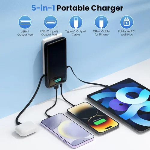 Miniatura 2 de Cargador portátil para iPhone con cables integrados y enchufe de pared, cargador de batería USB C de carga rápida de 13800 mAh, 4 salidas, paquete