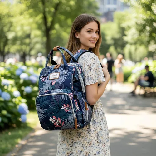 Miniatura 7 de Mochila floral para pañales con puerto de carga USB, correas para cochecito y bolsillo aislado, mochila de viaje para mujeres/madres
