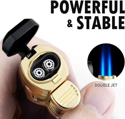 Miniatura 5 de GUEVARA Encendedor de Antorcha de Butano con Punzón a Prueba de Viento de Doble Chorro (Negro-Dorado) Dual jet flame, windproof, butane refillable