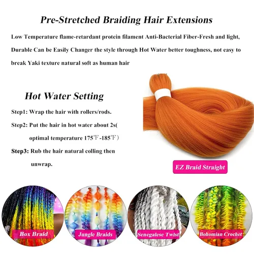 Miniatura 5 de Cabello para Trenzar Naranja Jengibre Pre-Estirado Kanekalo Cabello para Trenzar Pre-estirado 26 pulgadas Extensiones de Cabello Sintético