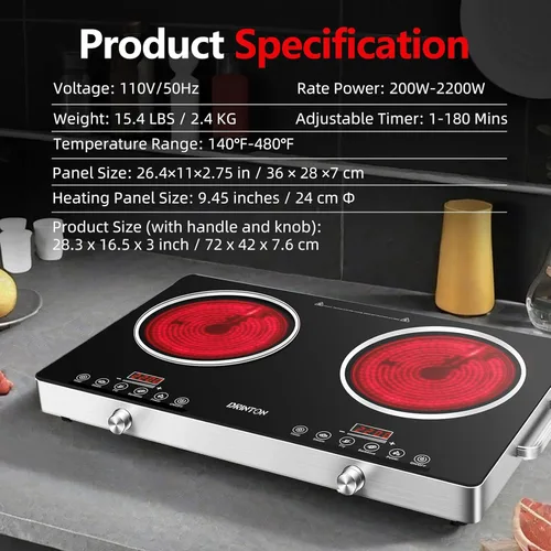 Miniatura 6 de Placa eléctrica de 2 quemadores, 2200 W+2200 W 110 V con temporizador de 3 horas, temperatura ajustable para cocina de encimera, estufa portátil