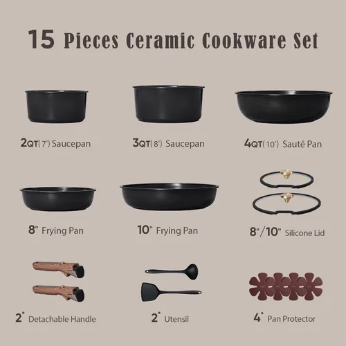 Miniatura 2 de CAROTE Juego de utensilios de cocina de cerámica de 15 piezas, juego de ollas y sartenes antiadherentes, juego de cocina de cocina con mango