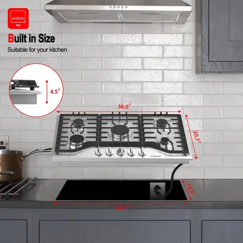 Miniatura 6 de GASLAND Placa de cocina de gas de 36 pulgadas, 5 quemadores, estufa de gas integrada con quemadores sellados Italia Sabaf, estufa de gas convertible
