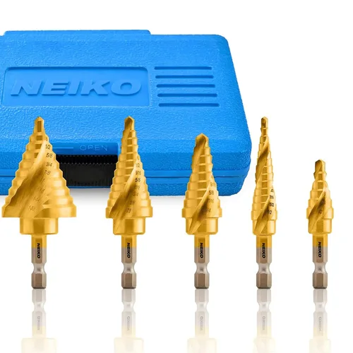 Miniatura 28 de NEIKO 10602A Step Drill Bit, 13 Steps 1/8" to 1/2" Spiral High Speed Steel, Titanium Nitride Coated, 1/4" Quick Change Step Bits for Steel, Metal