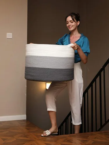 Miniatura 8 de Cesta de cuerda de algodón grande de 24 x 24 x 17 pulgadas, cesta de almacenamiento extragrande, cesta de lavandería tejida, contenedor de Gris/Gris