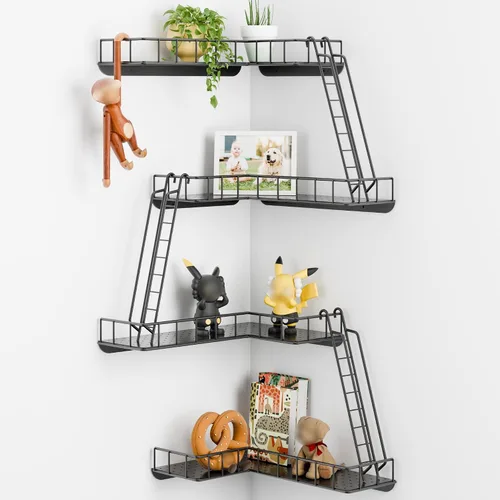 Estante de pared Fire Escape – Estantes de pared esquineros de 4 niveles de estilo urbano moderno, estante de escalera de metal fácil de instalar