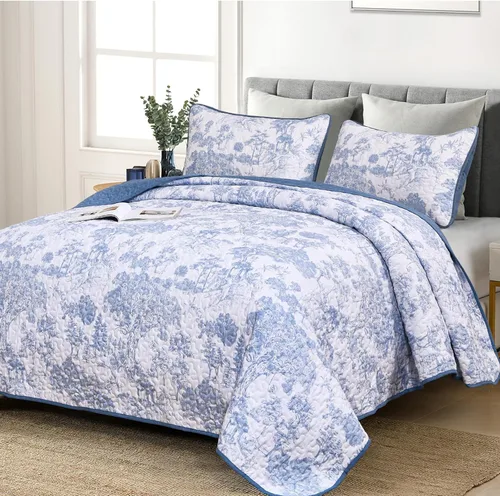 Miniatura 13 de WONGS BEDDING Juego de edredón botánico tamaño Queen, negro, 3 piezas, colcha con estampado floral de plantas Toile, juego de ropa de cama