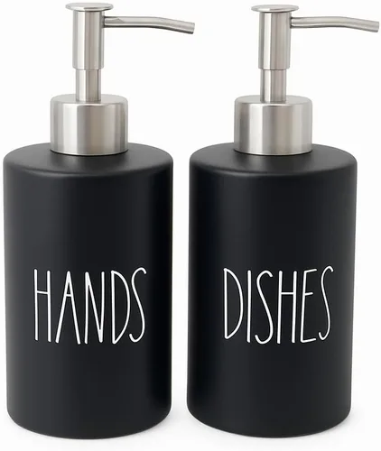 Modern Farmhouse - Juego de dispensador de jabón para manos y platos de cerámica para cocina, bombas de acero inoxidable, botellas negras de 14