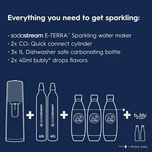 Miniatura 3 de SodaStream E-TERRA - Paquete para hacer agua con gas (blanco), con CO2, botellas de carbonatación y sabores bubly Drops