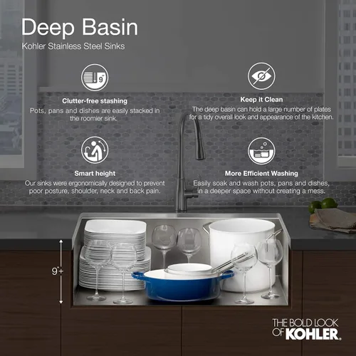 Miniatura 3 de KOHLER Strive K-5281-NA - Fregadero de acero inoxidable de 32 pulgadas con estante para lavabo